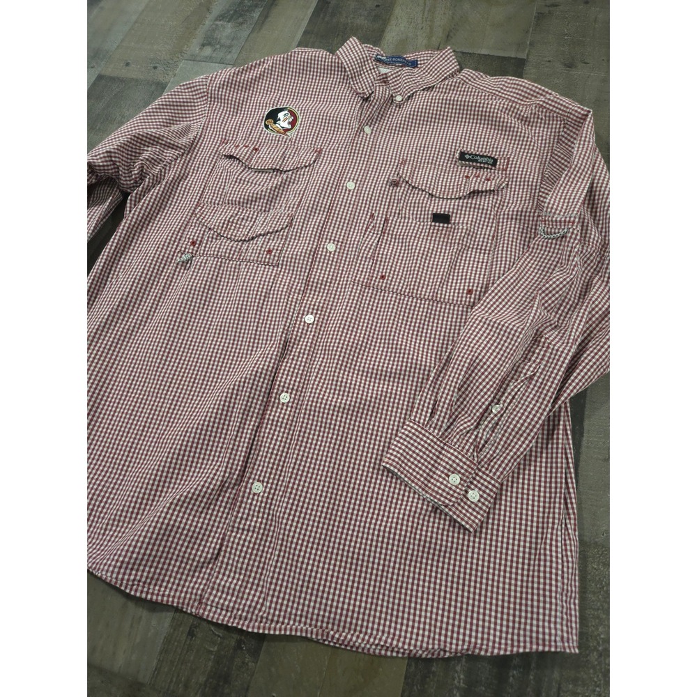 Columbia PFG Super Bonehead Shirt Mens XL Red Gingham FSU Seminoles Fishing L/S